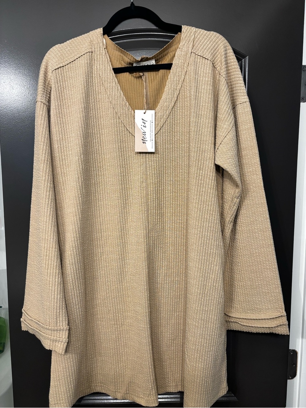 Love Riche Ribbed V-Neck dress in Beige